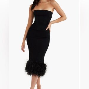 Fionula Strapless Feather Hem Midi House of CB Black Dress